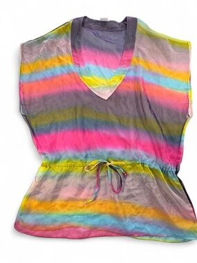 Carnaval Rainbow Striped Cover Up Dress XL V-Neck Beach Pool Resort Vacation